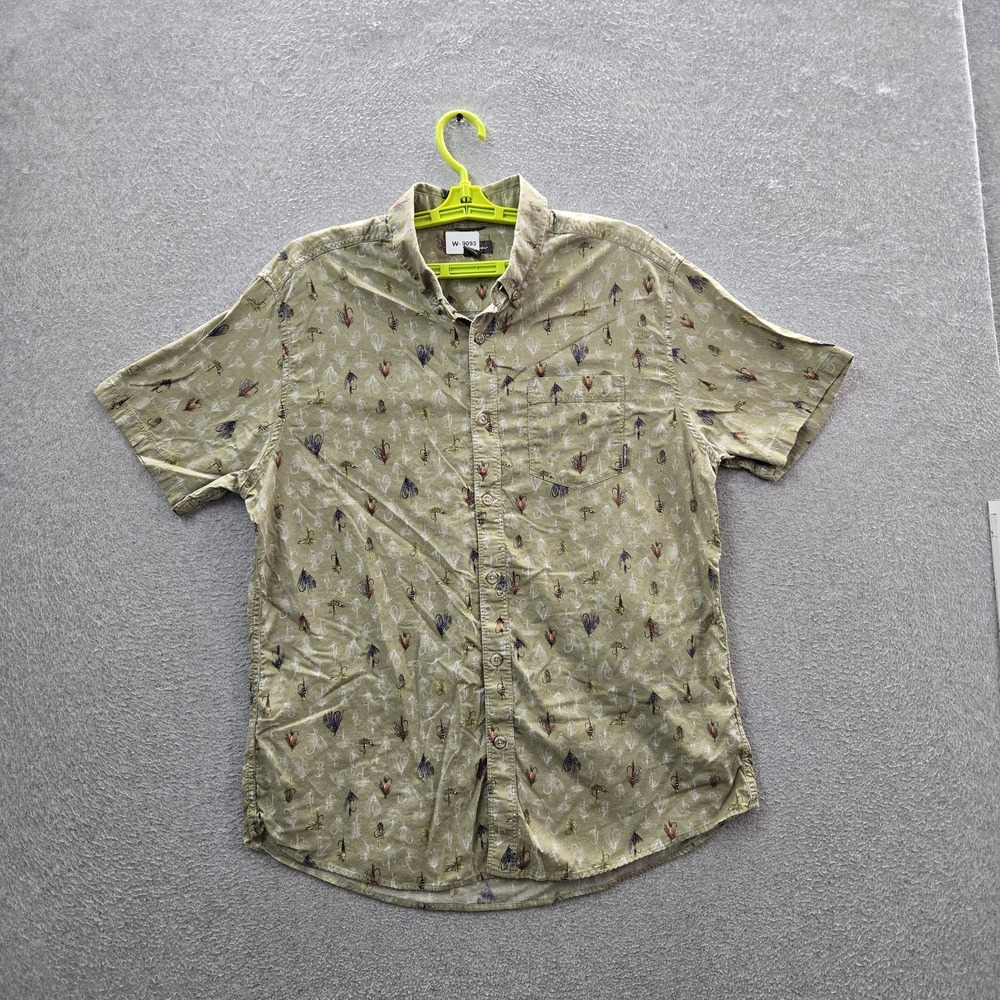 Eddie Bauer Men Button Up Shirt L Green Floral Fishing Lure Casual Shirt